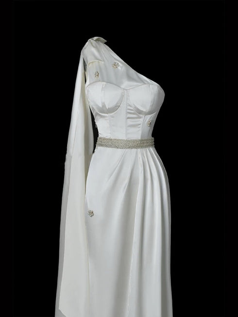 White Satin One Shoulder Gown - Embellished Evening Dress - Satin Formal Dress Long Plus Size